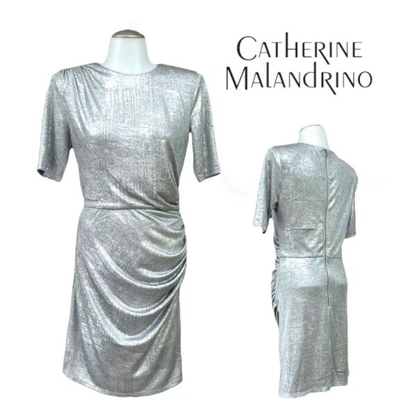 CATHERINE MALANDRINO Womens Cocktail Metallic Ruched Dress L NWT - Picture 1 of 13